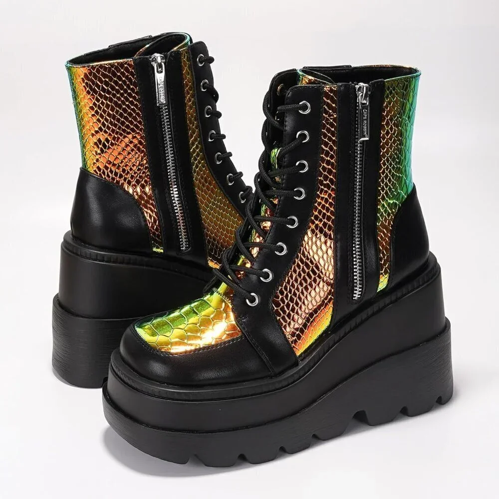Women's Black Chunky Block Heels Pointed Toe Leather Buckle Strap Retro Boots